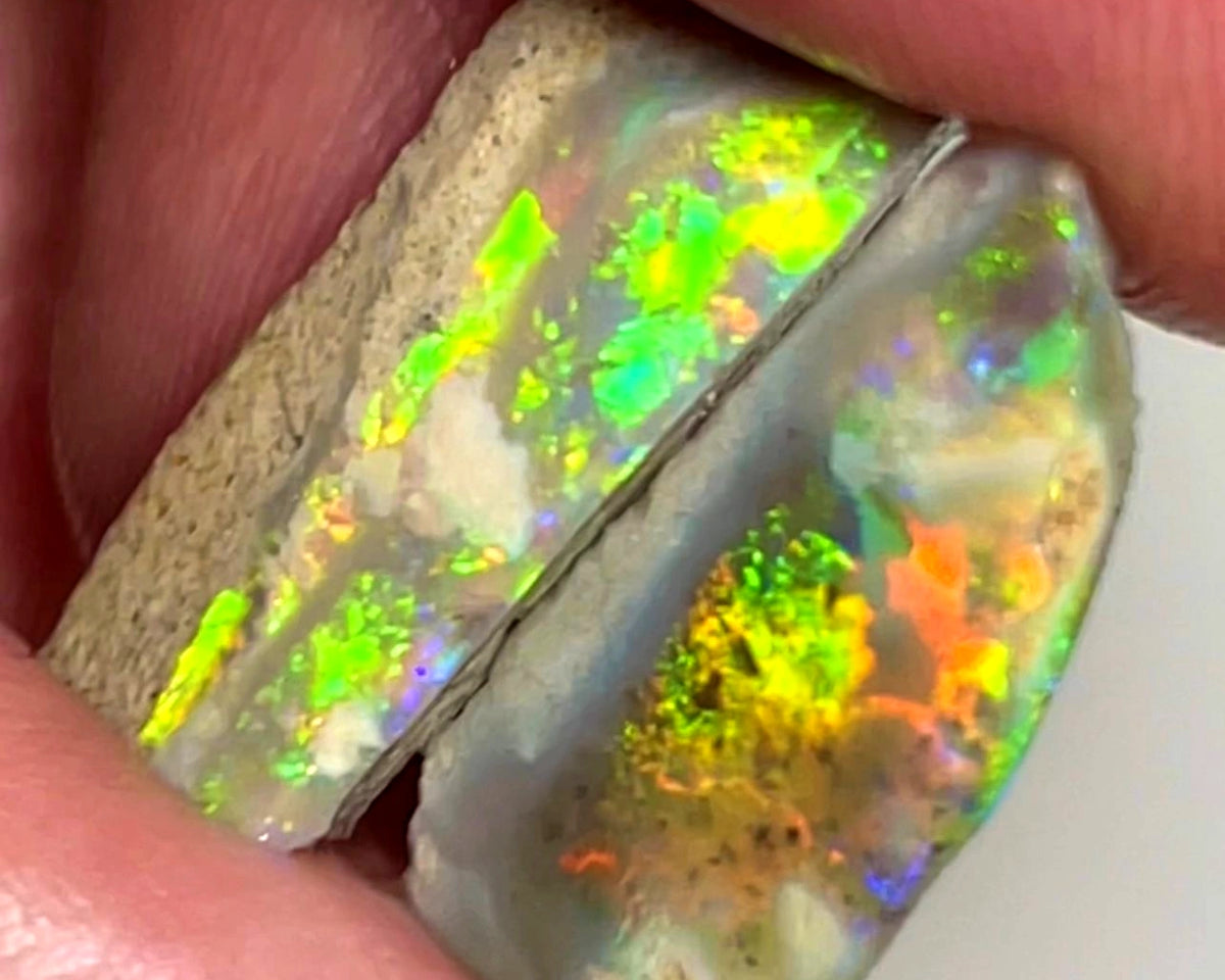 Australian Opal Rubs rough Pair 8cts Yellow/Orange dominant Bright Vivid Multifires to faces 21x9x4 & 22x8x2 mm WAE36