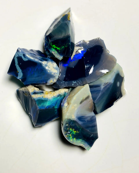 Lightning Ridge Rough Black & Dark Seam Opal Chunks Parcel 75cts Lots of Potential & Cutters Lots Bright colours & bars 17x15x10mm to 15x10x8mm WAB19