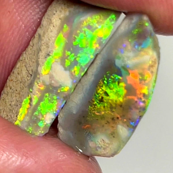 Australian Opal Rubs rough Pair 8cts Yellow/Orange dominant Bright Vivid Multifires to faces 21x9x4 & 22x8x2 mm WAE36