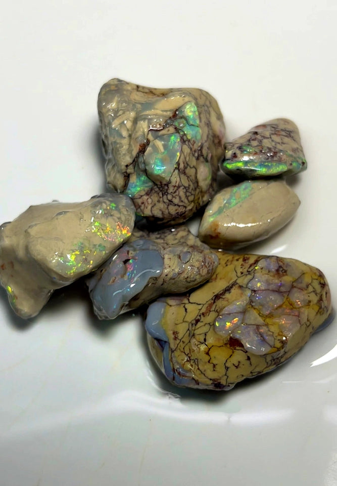 Lightning Ridge Rough Dark & Crystal Opal Parcel 125cts Knobby & Seam Formations with bright Multi colours showing 30x22x8mm to 18x10x5mm WAD37