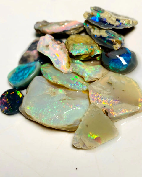 Lightning Ridge Opal Rough n Rub Parcel Black Dark & Crystal Quality Miners Bench® 51cts Bright Multifires 20x15x6mm to 11x8x4mm WAA71