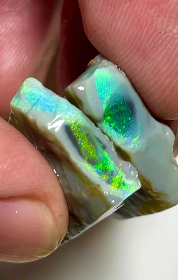 Lightning Ridge Rough Opal Big pair of Dark Base Seams 37cts Cutters  High Grade Bright Multifires in stunning bars 25x17x8mm & 23x16x6mm WAB59