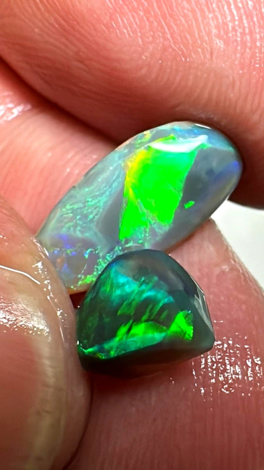 Lightning Ridge Rough / Rub Dark opal Pair Miners Bench®  3.1cts Exotic Super Bright Vibrant & Vivid Multifires  13x6x2mm & 8x6x3mm WAB55