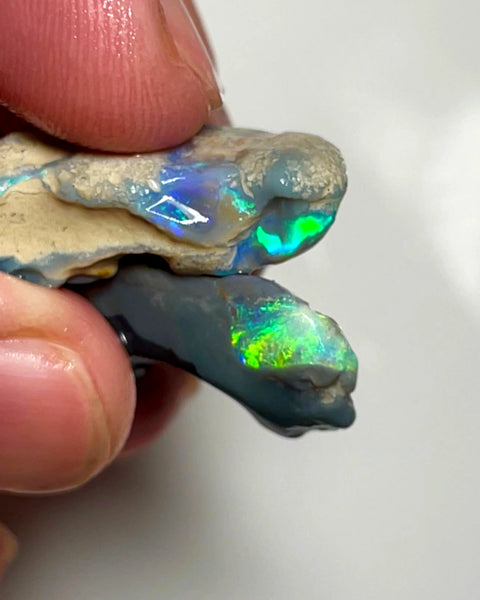 Lightning Ridge 33cts Nice pair of Dark base Crystal Opal formations rough to cut/carve Gorgeous Bright Multicolours 30x14x5 & 27x12x8 mm WAE65