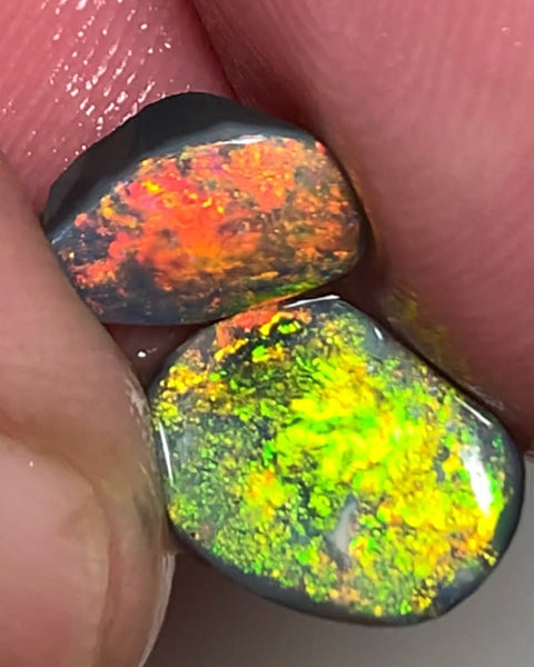 Lightning Ridge Rough / Rub Black opal Pair Miners Bench®  2.2cts Exotic Super Bright Vibrant & Vivid Multifires  11x8x1mm & 9x6x1mm WSU52