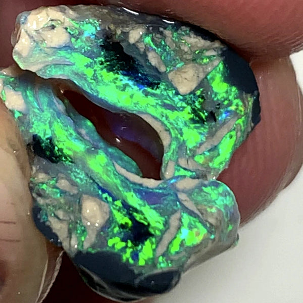 OPAL MONTH SPECIAL Lightning Ridge Rough Opal Black N1 Base Knobby Split 11cts Cutters Candy Exotic High Grade Super Bright Neon Green dominant fires 17x12x7mm & 15x7x7mm WSZ78