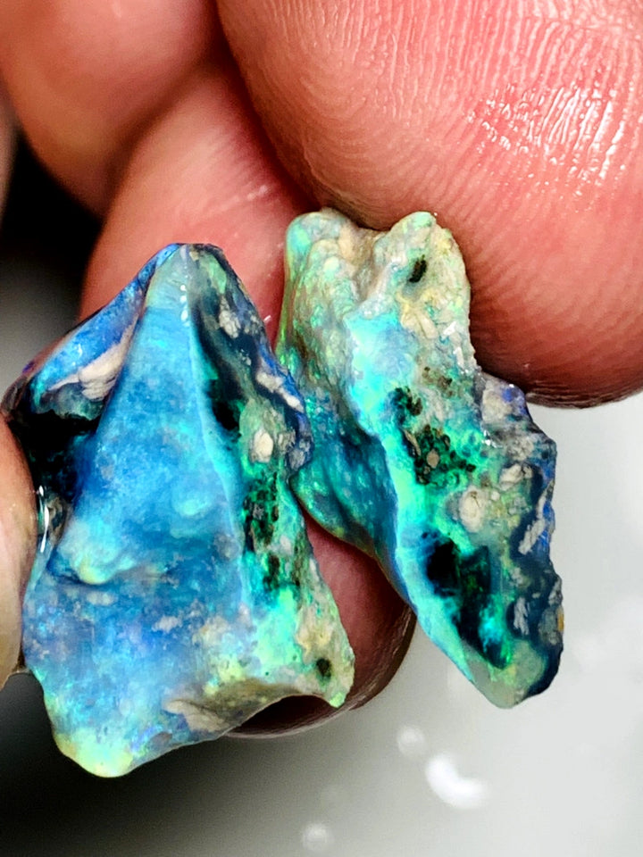 OPAL MONTH SPECIAL Lightning Ridge Rough Opal Black / Dark Base Knobby Split 20.5cts Cutters Candy Exotic High Grade Bright Multifires in stunning bars 20x15x8mm & 18x9x7mm WSZ77