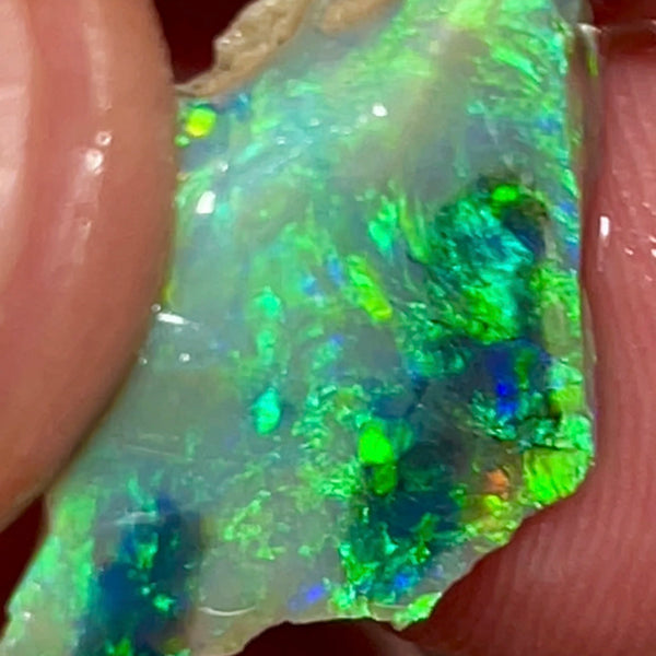 Mulga® Gem Dark/Crystal Seam opal rough 6.65cts Wee Warra Plains Very Exotic Bright Green / Yellow Dominant Multi Fires  rough to cut  18.00x 11.00x 4.00mm NEW930