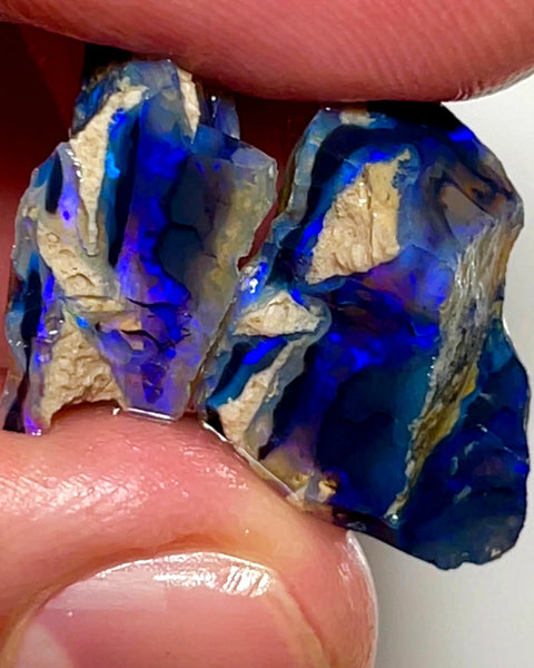 Lightning Ridge Rough Opal 24cts Stunning Black Crystal Knobby Split with Nice bars with Vibrant Blues 17x15x11 & 18x11x8mm WAE58