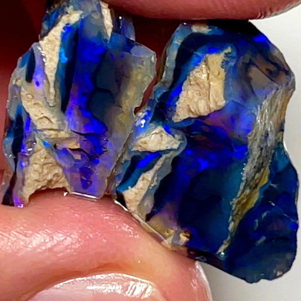 Lightning Ridge Rough Opal 24cts Stunning Black Crystal Knobby Split with Nice bars with Vibrant Blues 17x15x11 & 18x11x8mm WAE58