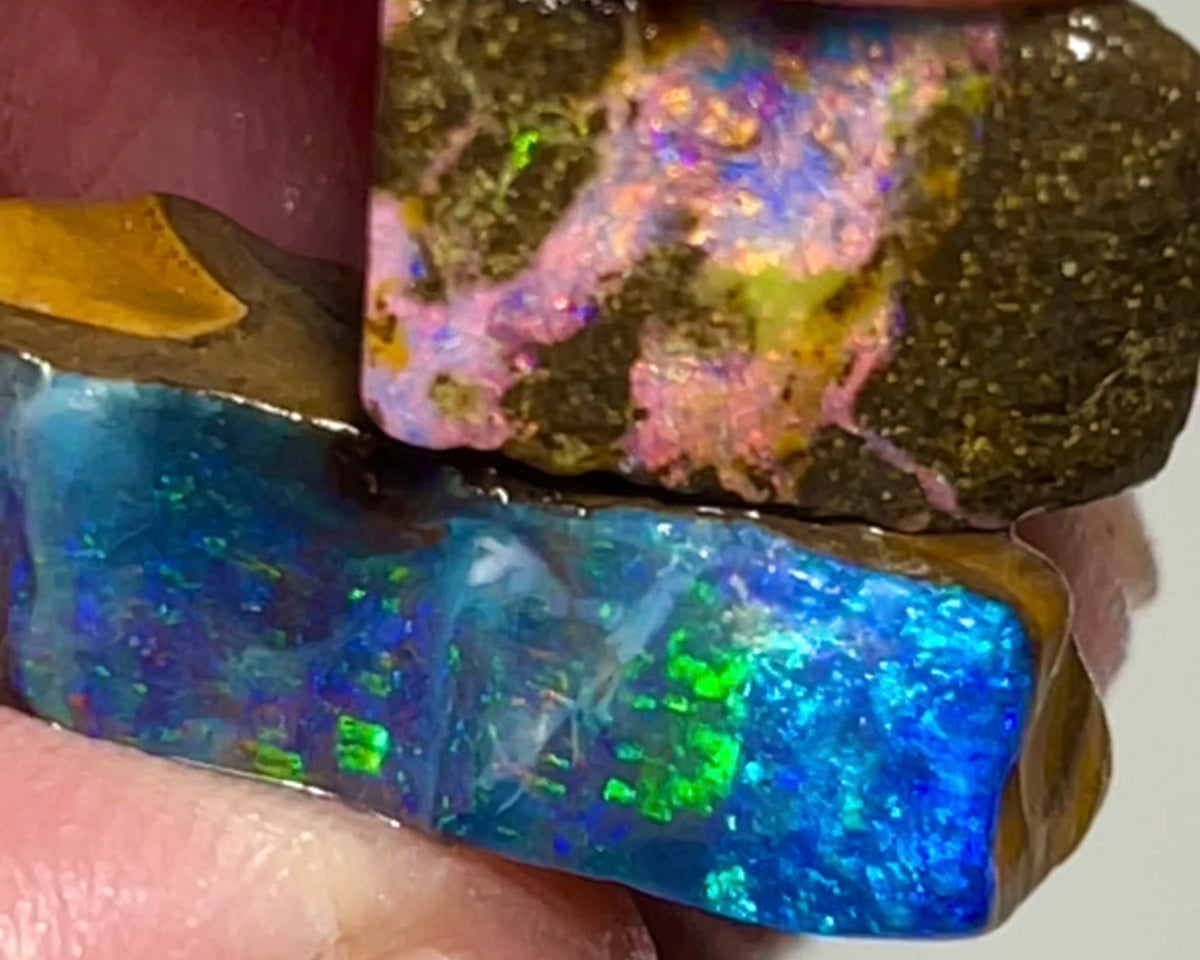 Bling Bling Boulder opal 20cts rough / Rubs Gem Winton Bright & Gorgeous Pinks/Greens/Blues Multifires 20x7x5mm to 14x8x4mm AUCTION NSA009