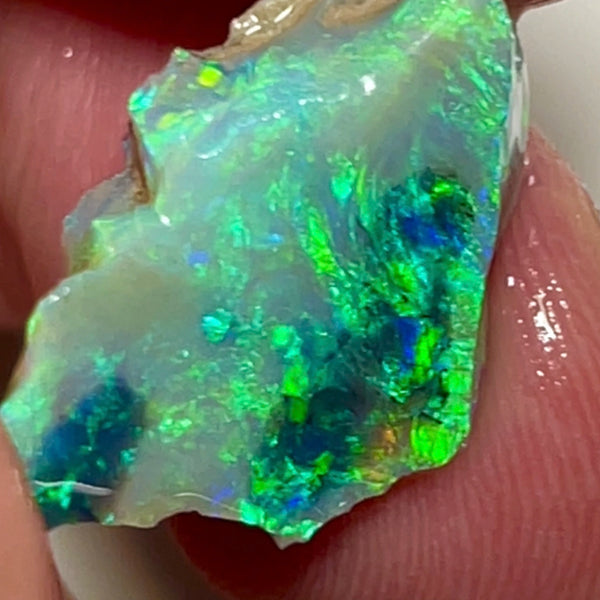 Mulga® Gem Dark/Crystal Seam opal rough 6.65cts Wee Warra Plains Very Exotic Bright Green / Yellow Dominant Multi Fires  rough to cut  18.00x 11.00x 4.00mm NEW930