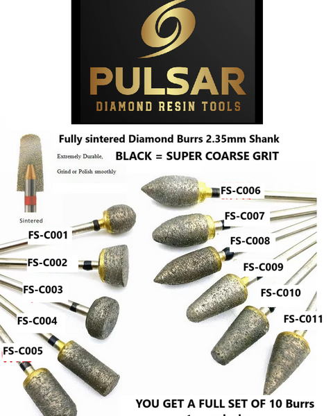 PULSAR DIAMOND® Set of 10 x Fully Sintered Diamond Burr 2.35mm Shank size for grinding Opal & Gemstones, Glass, Stone, Metal Lapidary Polishing Fits Dremel Foredom & Pulsar tools