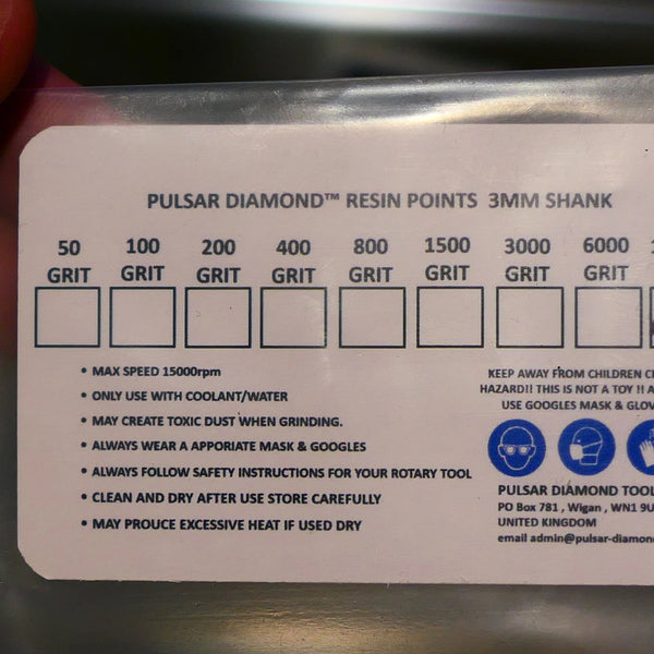 PULSAR™ DIAMOND RESIN POINTS MK2'S COLOUR CODED LAPIDARY BURRS FOR DREMEL & ROTARY TOOLS 3MM SHAFT POLISH SET 4x 10,000 GRITS