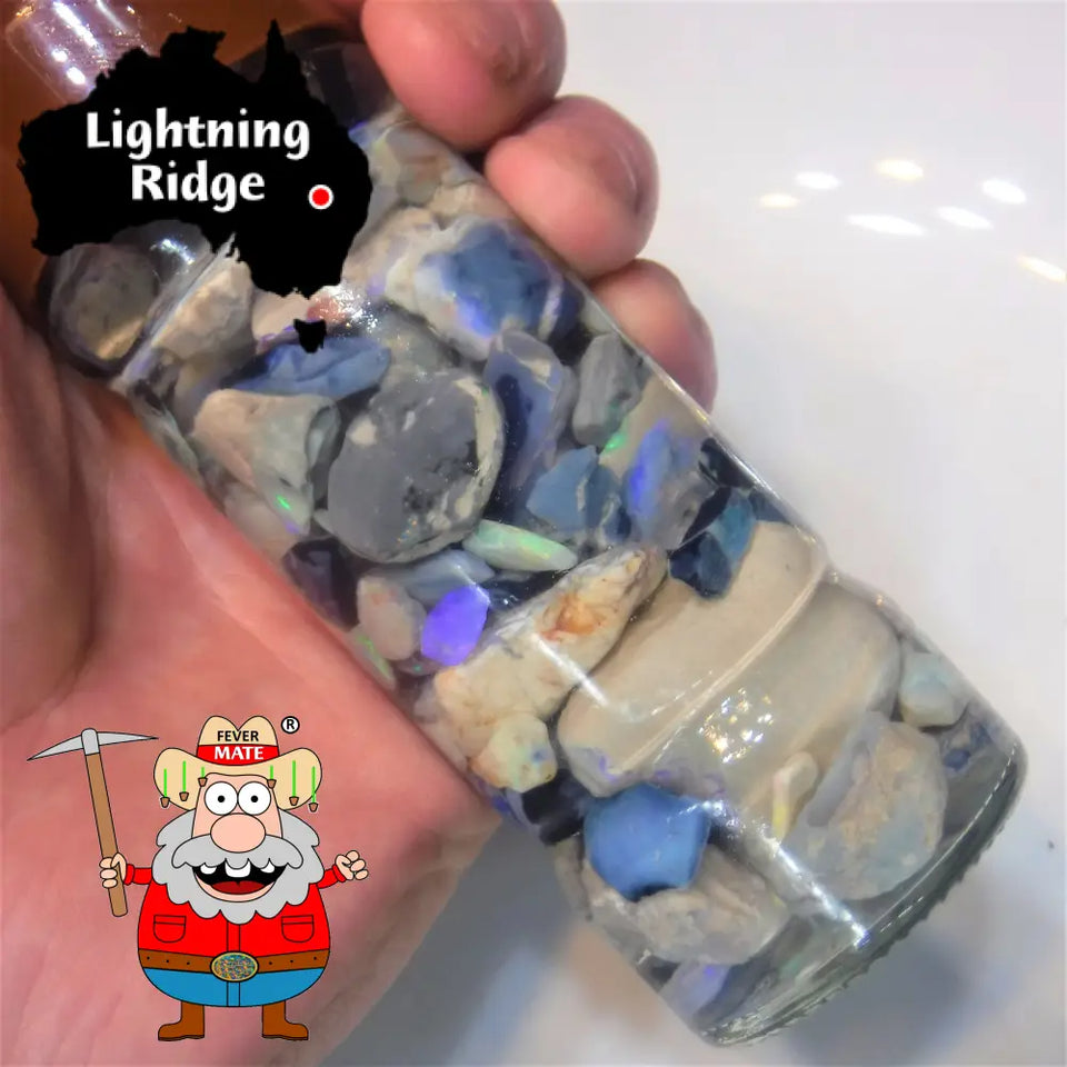 Lighting Ridge Rough Opal Parcel 475Cts Gamble Potch & Colours (Shown In Jar) 25Mm To Chip Size