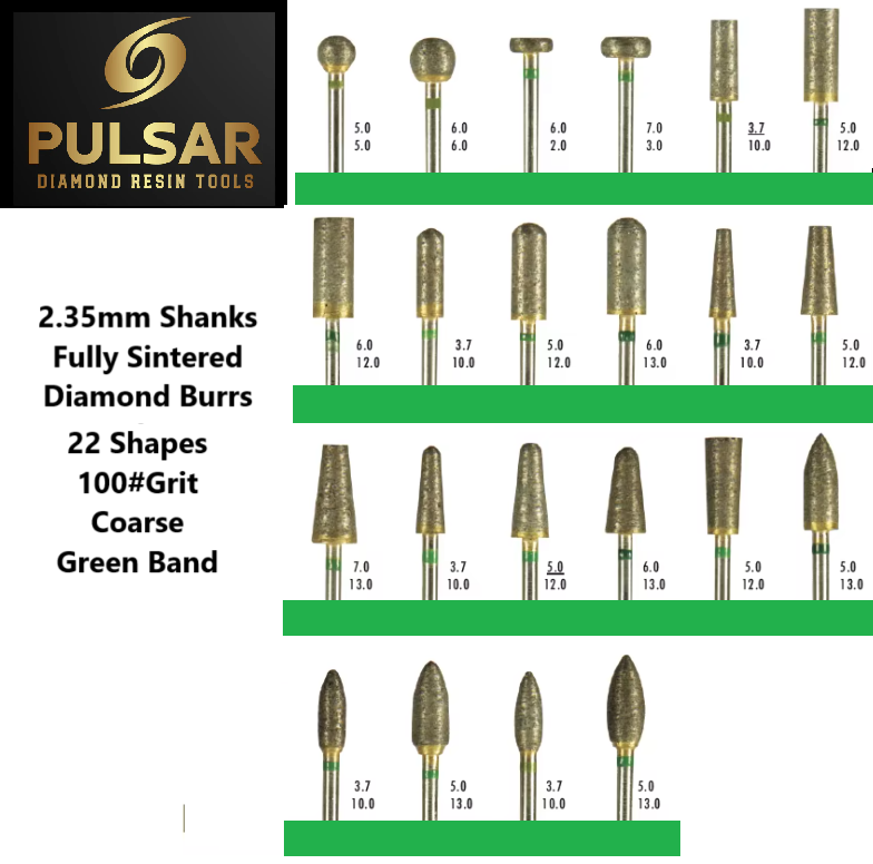 PULSAR DIAMOND® Full Set of 22 shapes 100#Grit Coarse Green Band Fully Sintered Diamond Burr 2.35mm Shank for grinding Opal & Gemstones, Glass, Stone, Metal Polishing Fits Dremel Foredom & Pulsar tools