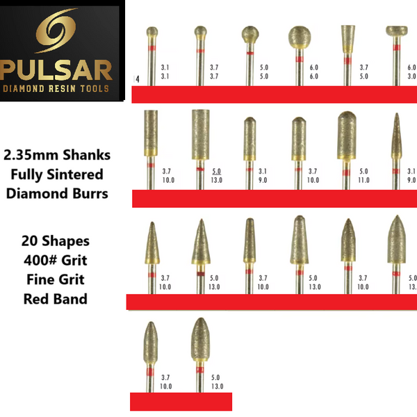 PULSAR DIAMOND® Full Set of 20 shapes 400#Grit Fine Red Band Fully Sintered Diamond Burr 2.35mm Shank for grinding Opal & Gemstones, Glass, Stone, Metal Polishing Fits Dremel Foredom & Pulsar tools