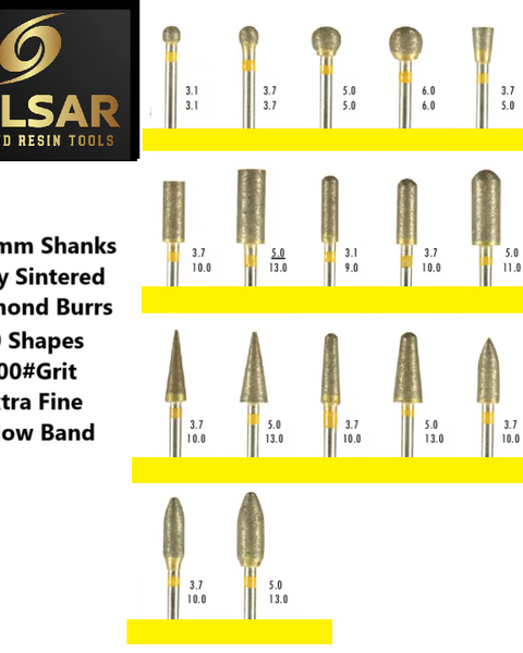 PULSAR DIAMOND® Full Set of 20 shapes 800#Grit Extra Fine Yellow Band Fully Sintered Diamond Burr 2.35mm Shank for grinding Opal & Gemstones, Glass, Stone, Metal Polishing Fits Dremel Foredom & Pulsar tools