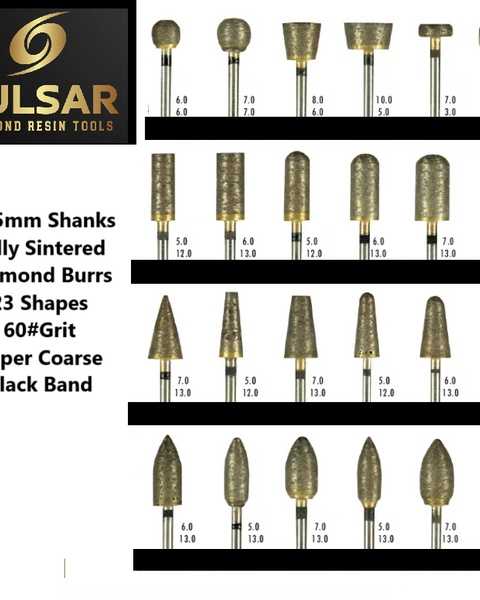 PULSAR DIAMOND® Full Set of 23 shapes 60#Grit Super Coarse Black Band Fully Sintered Diamond Burr 2.35mm Shank for grinding Opal & Gemstones, Glass, Stone, Metal Polishing Fits Dremel Foredom & Pulsar tools