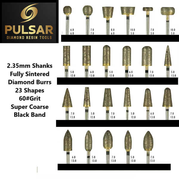 PULSAR DIAMOND® Full Set of 23 shapes 60#Grit Super Coarse Black Band Fully Sintered Diamond Burr 2.35mm Shank for grinding Opal & Gemstones, Glass, Stone, Metal Polishing Fits Dremel Foredom & Pulsar tools