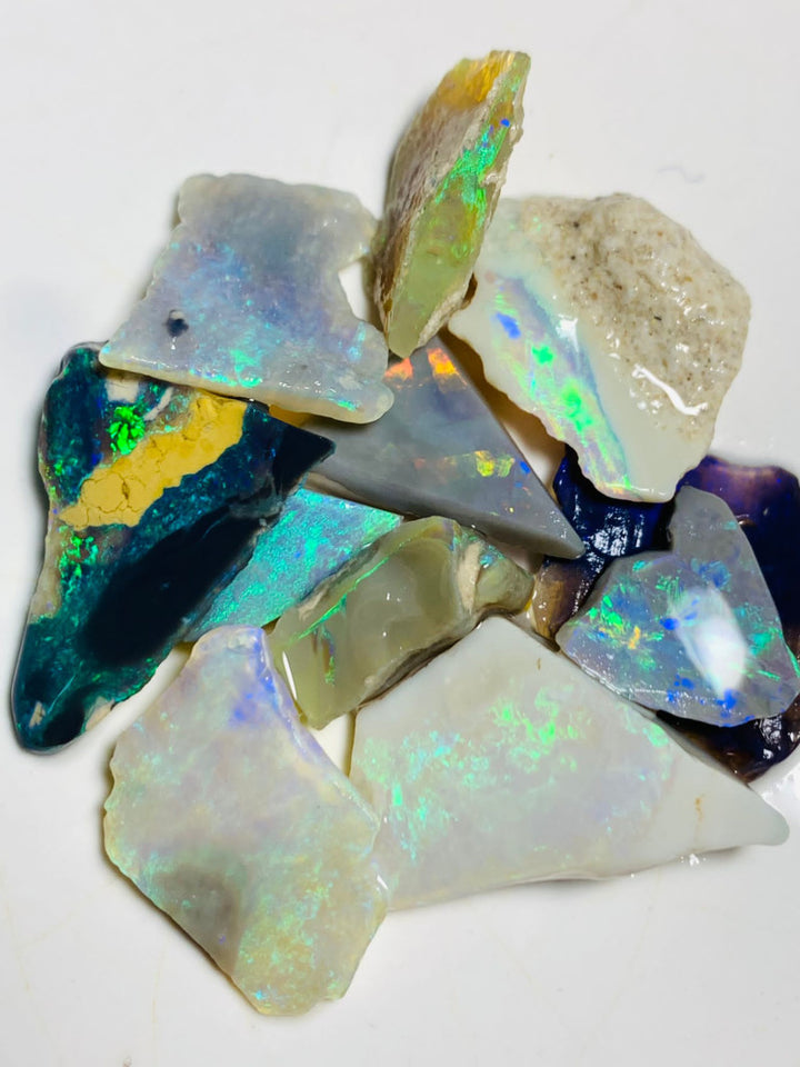 Australian Opal Rubs Parcel Black, Semi Black & Crystal Plate of colour from the Miners Bench® 44cts Bright FIRES / MULTIFIRES to faces 21x13x9mm to 9x9x3mm WSP90