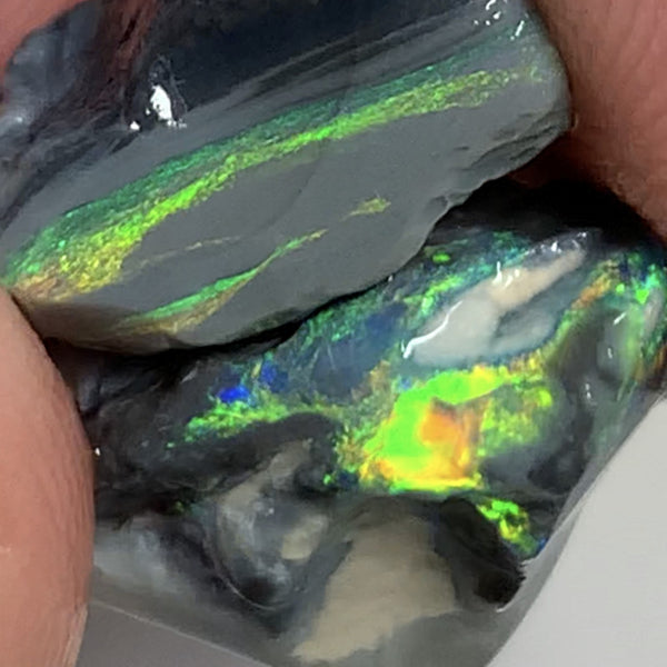 Australian Rough Mulga® Black Opal Seam pair 10cts Exotic & Stunning Cutters Gorgeous Bright Multifires & Bright bars 15x12x6mm & 12x8x6mm WSM55