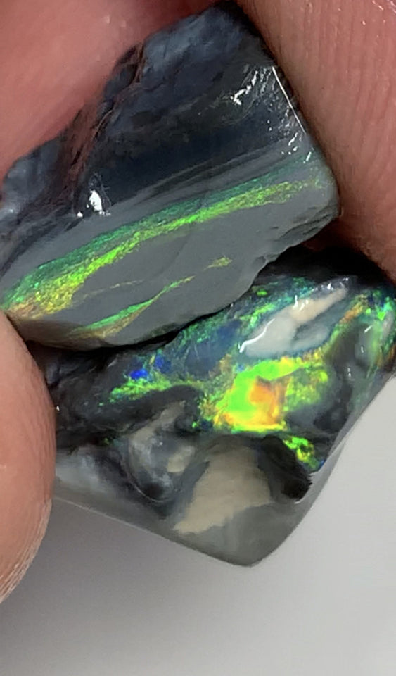Australian Rough Mulga® Black Opal Seam pair 10cts Exotic & Stunning Cutters Gorgeous Bright Multifires & Bright bars 15x12x6mm & 12x8x6mm WSM55