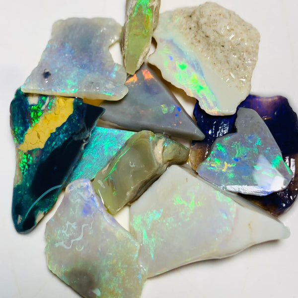 Australian Opal Rubs Parcel Black, Semi Black & Crystal Plate of colour from the Miners Bench® 44cts Bright FIRES / MULTIFIRES to faces 21x13x9mm to 9x9x3mm WSP90