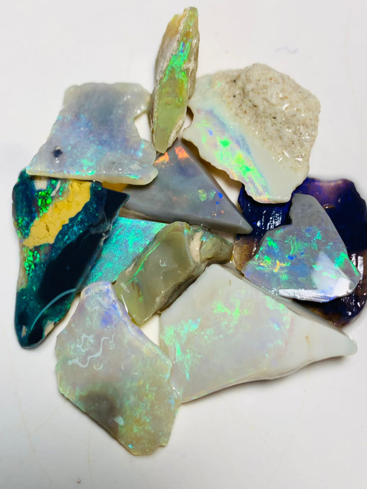 Australian Opal Rubs Parcel Black, Semi Black & Crystal Plate of colour from the Miners Bench® 44cts Bright FIRES / MULTIFIRES to faces 21x13x9mm to 9x9x3mm WSP90