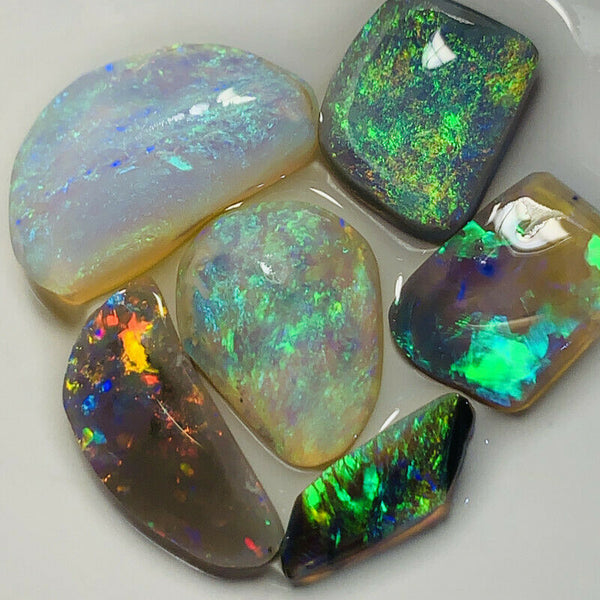 Australian Opal Rubs parcel  Gem Grade Black - Semi Black - Crystal Miners Bench® Rubs / Preforms 21.8cts Lots of Lovely bright FIRES / MULTIFIRES 18x10x5mm to 12x5x2mm GEM1196