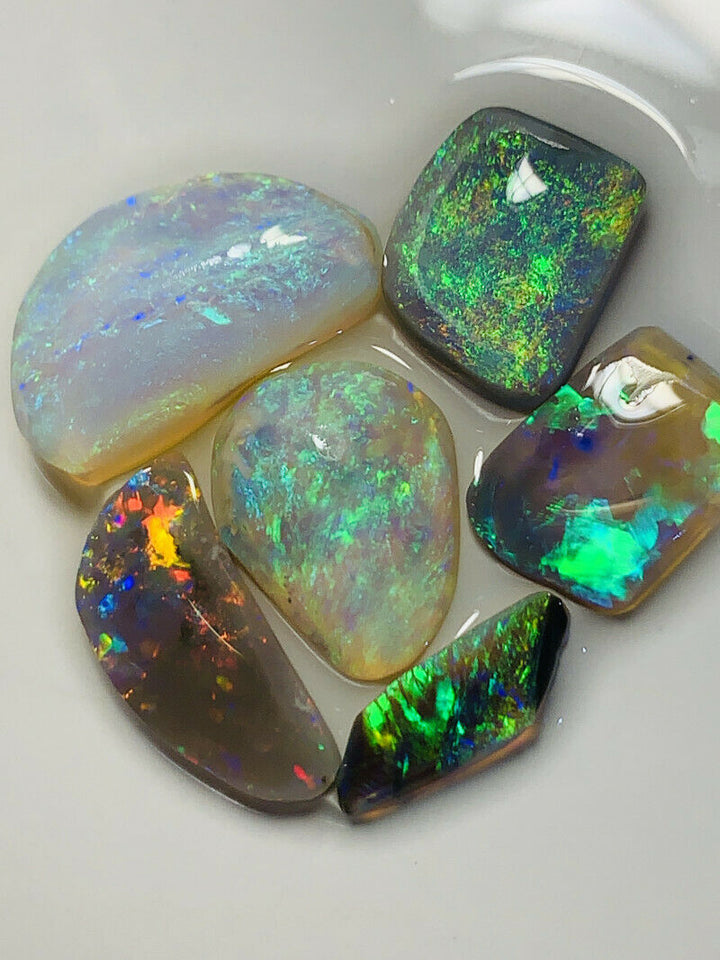Australian Opal Rubs parcel  Gem Grade Black - Semi Black - Crystal Miners Bench® Rubs / Preforms 21.8cts Lots of Lovely bright FIRES / MULTIFIRES 18x10x5mm to 12x5x2mm GEM1196