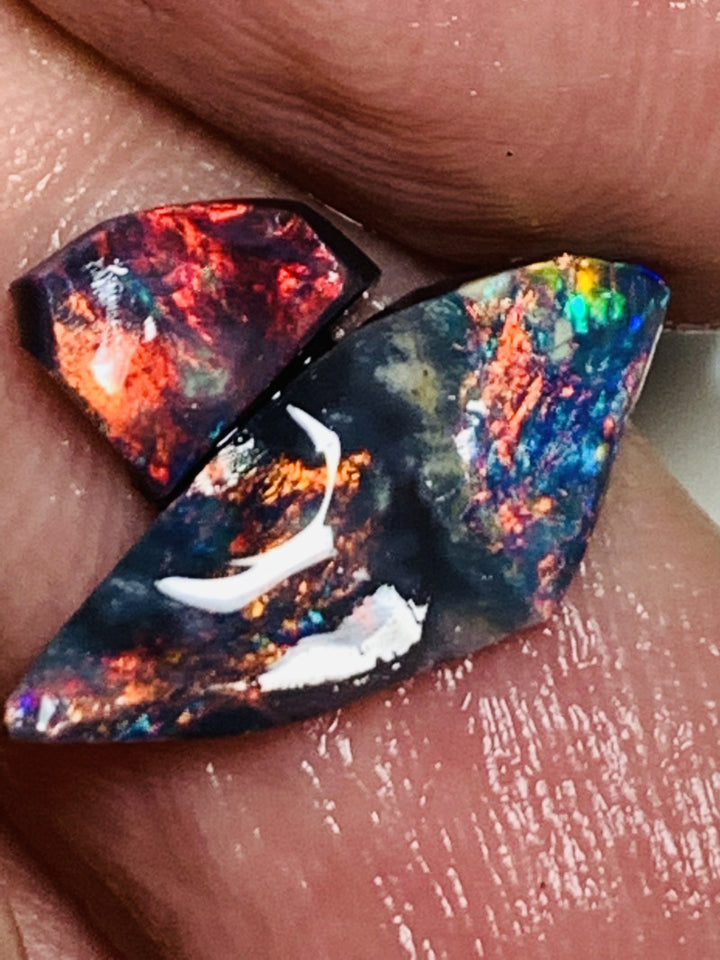 Australian Opal Rubs Pair Black Bases Rough / Rubs 2.3cts Gorgeous Exposed Faces with mostly Reds fires 18x7x2mm & 6x5x3mm WSP63