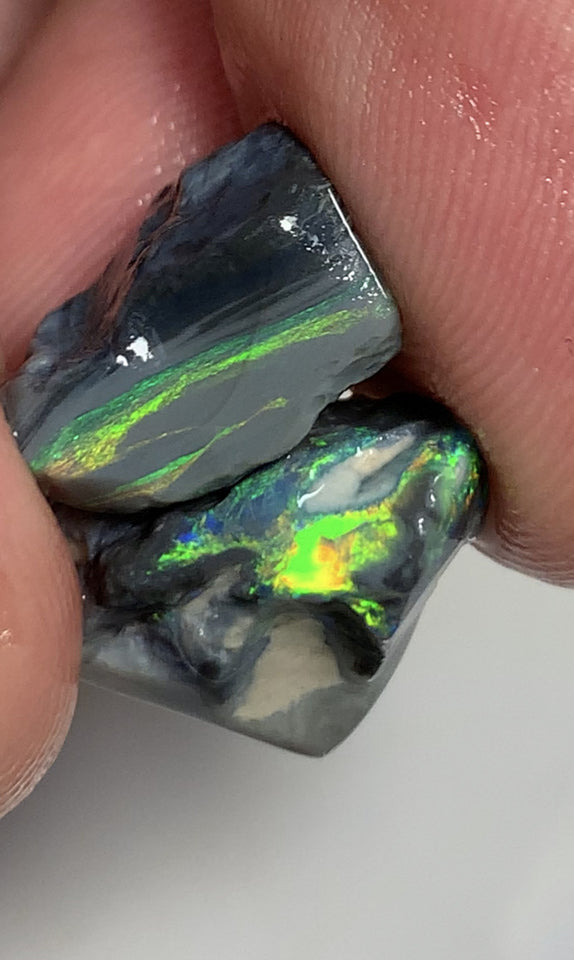 Australian Rough Mulga® Black Opal Seam pair 10cts Exotic & Stunning Cutters Gorgeous Bright Multifires & Bright bars 15x12x6mm & 12x8x6mm WSM55