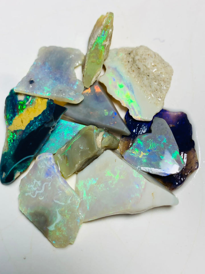 Australian Opal Rubs Parcel Black, Semi Black & Crystal Plate of colour from the Miners Bench® 44cts Bright FIRES / MULTIFIRES to faces 21x13x9mm to 9x9x3mm WSP90