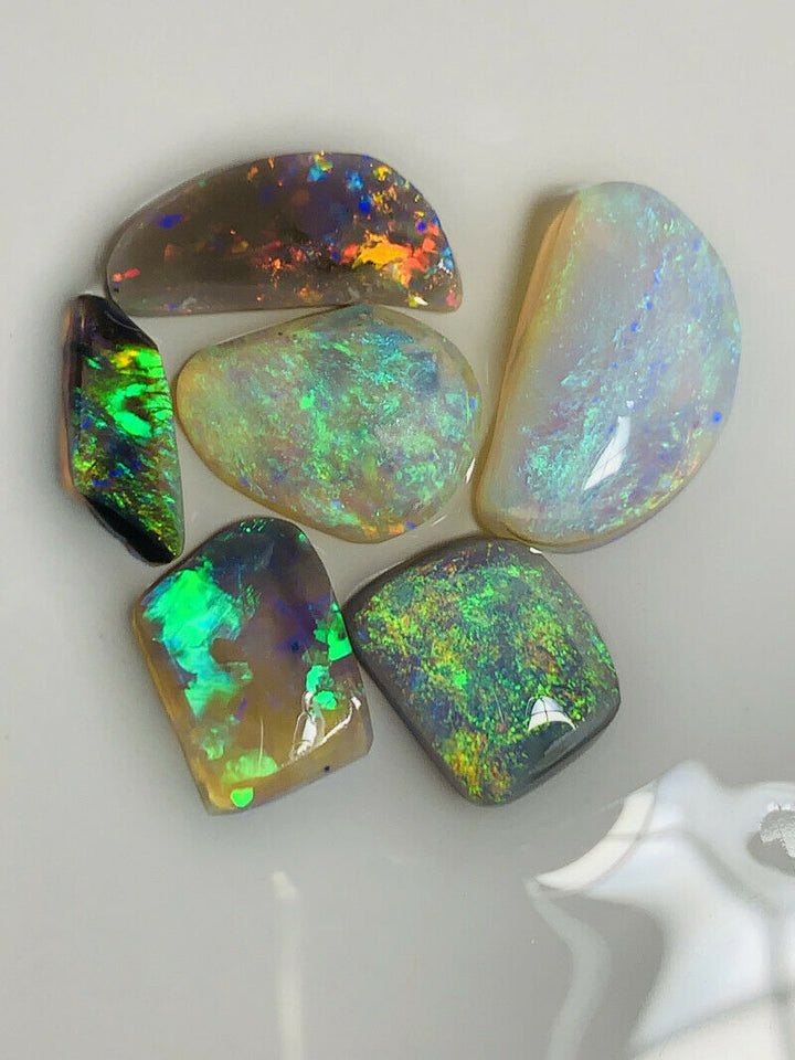 Australian Opal Rubs parcel  Gem Grade Black - Semi Black - Crystal Miners Bench® Rubs / Preforms 21.8cts Lots of Lovely bright FIRES / MULTIFIRES 18x10x5mm to 12x5x2mm GEM1196