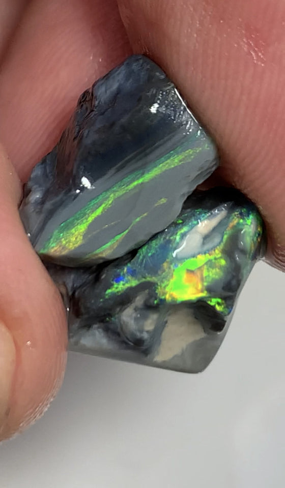 Australian Rough Mulga® Black Opal Seam pair 10cts Exotic & Stunning Cutters Gorgeous Bright Multifires & Bright bars 15x12x6mm & 12x8x6mm WSM55
