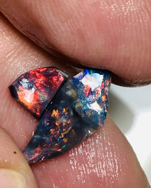 Australian Opal Rubs Pair Black Bases Rough / Rubs 2.3cts Gorgeous Exposed Faces with mostly Reds fires 18x7x2mm & 6x5x3mm WSP63