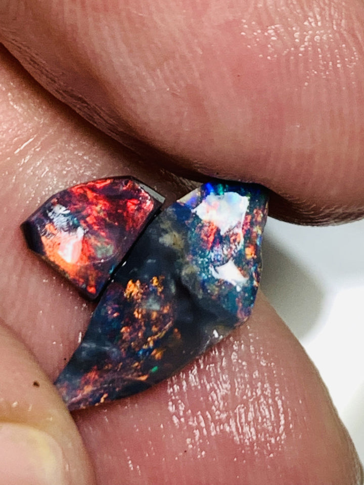 Australian Opal Rubs Pair Black Bases Rough / Rubs 2.3cts Gorgeous Exposed Faces with mostly Reds fires 18x7x2mm & 6x5x3mm WSP63