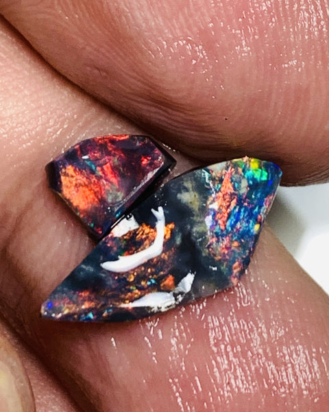 Australian Opal Rubs Pair Black Bases Rough / Rubs 2.3cts Gorgeous Exposed Faces with mostly Reds fires 18x7x2mm & 6x5x3mm WSP63