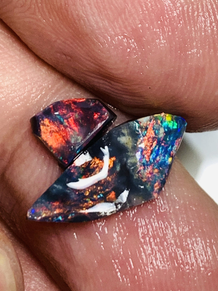 Australian Opal Rubs Pair Black Bases Rough / Rubs 2.3cts Gorgeous Exposed Faces with mostly Reds fires 18x7x2mm & 6x5x3mm WSP63